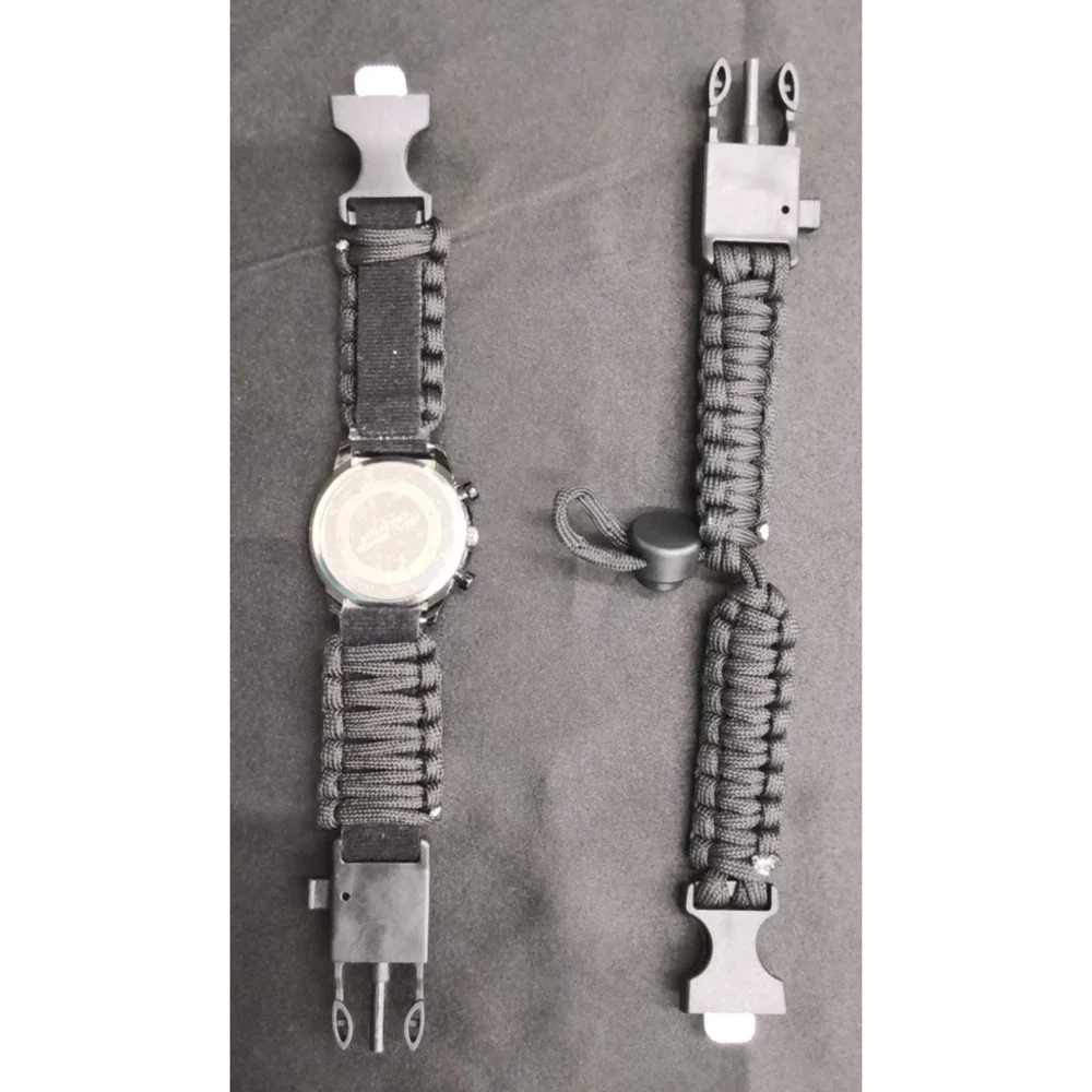 Pro-4 Tactical Survival Watch Paracord Whistle Compass Fire Starter Black #W5143